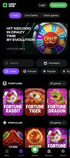 Portada del casino con Fortune Rabbit, Fortune Tiger y Fortune Dragon en Lucky Star desde el celular