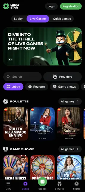 Sección en vivo con Ruleta Relámpago y game shows en Lucky Star desde el celular